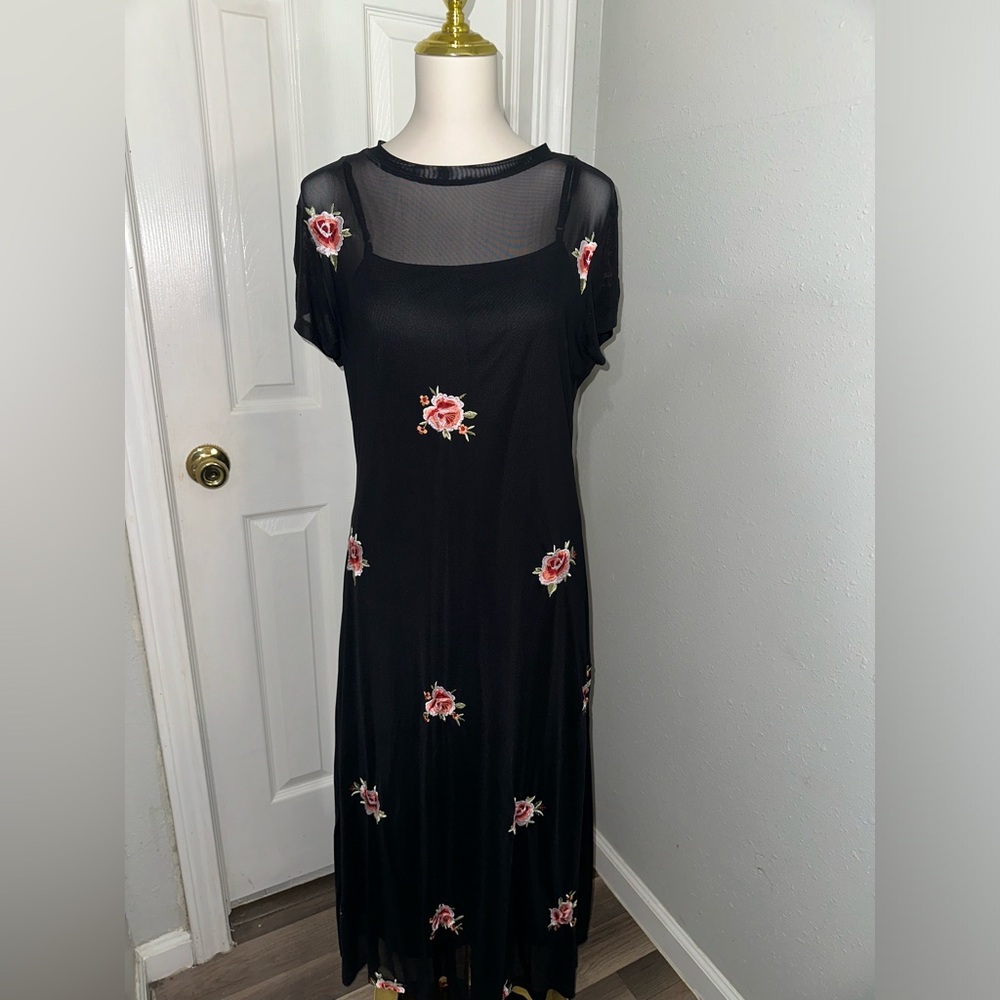 ASOS Black Mesh Dress with Rose Embroidery